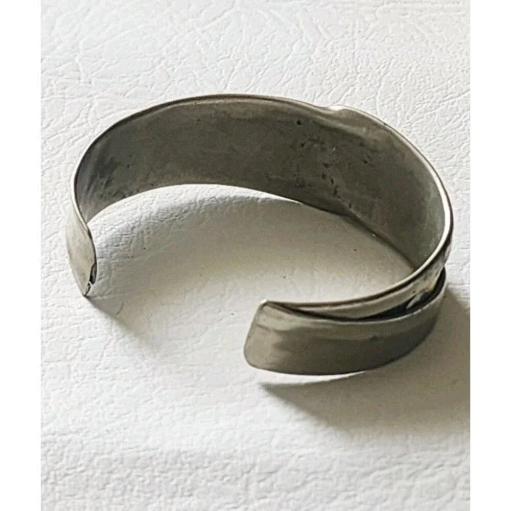Vintage Silvertone Floral Enameled Foldover Design Cuff  Bracelet 6.5
